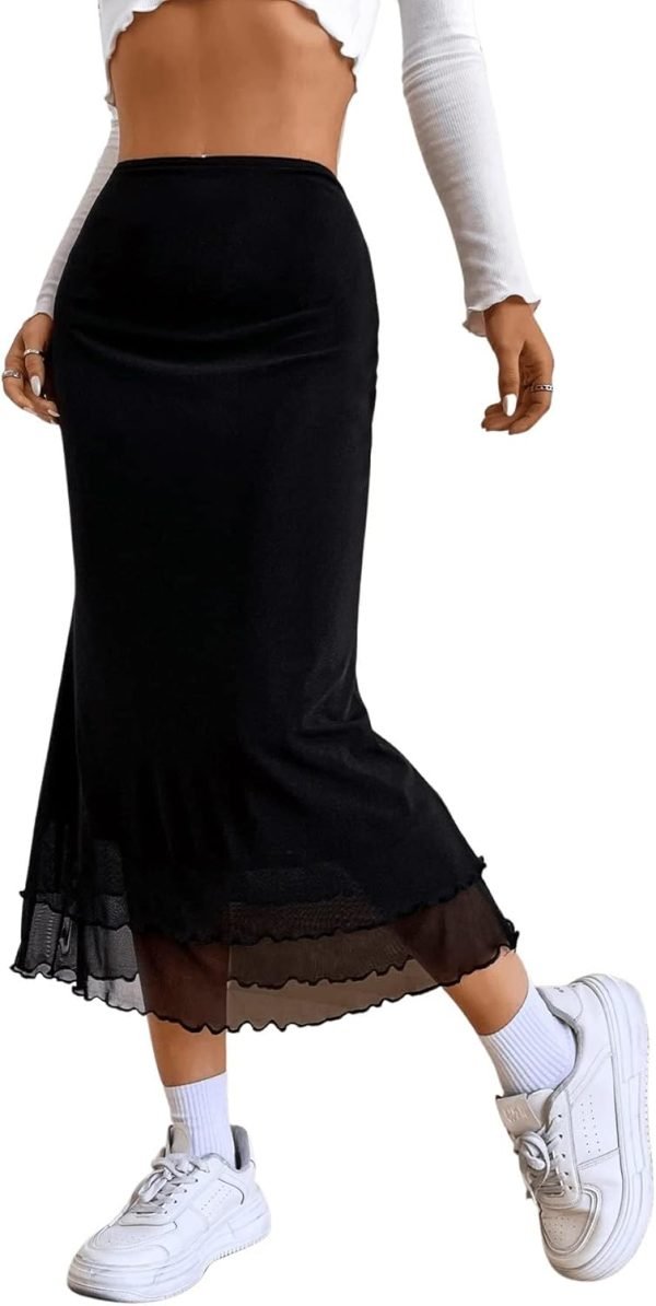Saonta  Women's Lettuce Trim High Waist Mesh Fishtail Bodycon Long Skirt