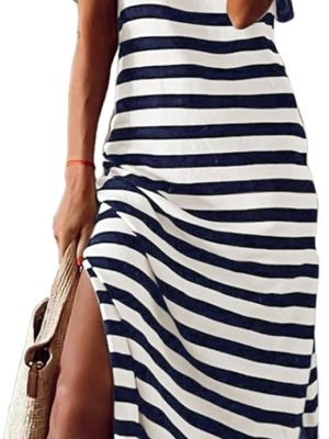 Saonta  Summer Dress Casual Womens Fashion Short Sleeve Maxi Dress T Shirt Dress Striped Long Color Block Maxi Dress