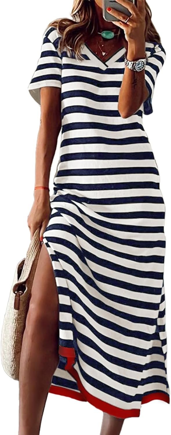 Saonta  Summer Dress Casual Womens Fashion Short Sleeve Maxi Dress T Shirt Dress Striped Long Color Block Maxi Dress