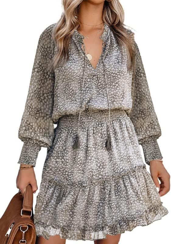 Saonta  Womens Summer Dresses 2024 Boho Floral Drawstring V Neck Smocked Long Sleeve Ruffle Tiered Chiffon Mini Short Dress