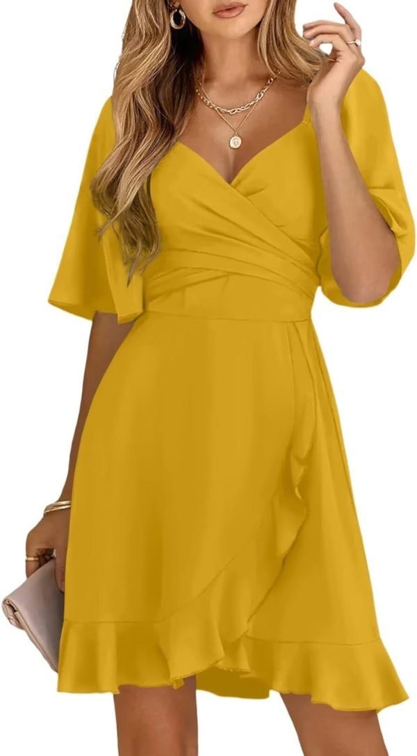 Saonta  Women's Wrap V Neck Short Flared Sleeve Wedding Guest Dress Smocked Elastic Waist Tiered Belted Ruffle Hem Mini Dress