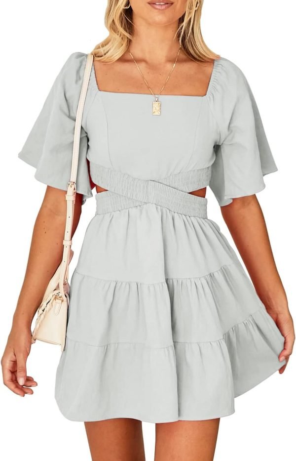 Shy Velvet Women's Summer Dress Square Neck Short Sleeves Crossover Waist Casual Party Mini Dress