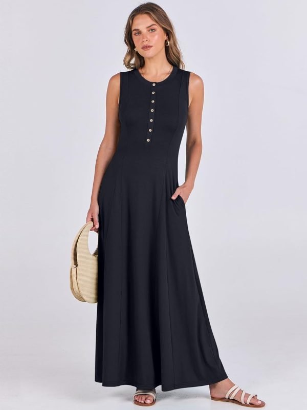 Saonta  Women Summer Casual Sleeveless Maxi Sundress Button Fit & Flare A-Line Flowy Long Dresses 2024 Beach Outfits