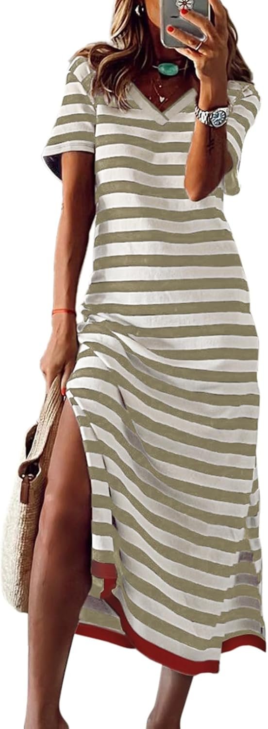 Saonta  Summer Dress Casual Womens Fashion Short Sleeve Maxi Dress T Shirt Dress Striped Long Color Block Maxi Dress