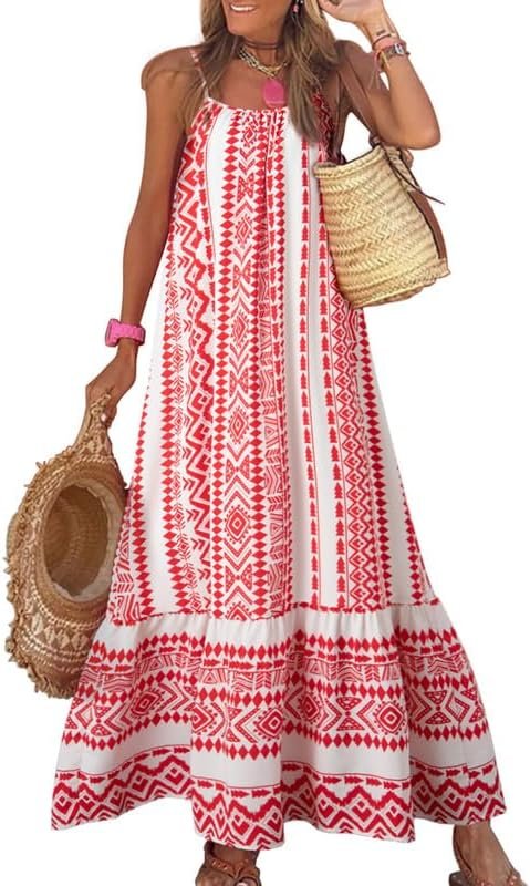 Saonta  Women Summer Dresses 2024 Spaghetti Strap Scoop Neck Smocked Ruffle Flowy Boho Maxi Dress