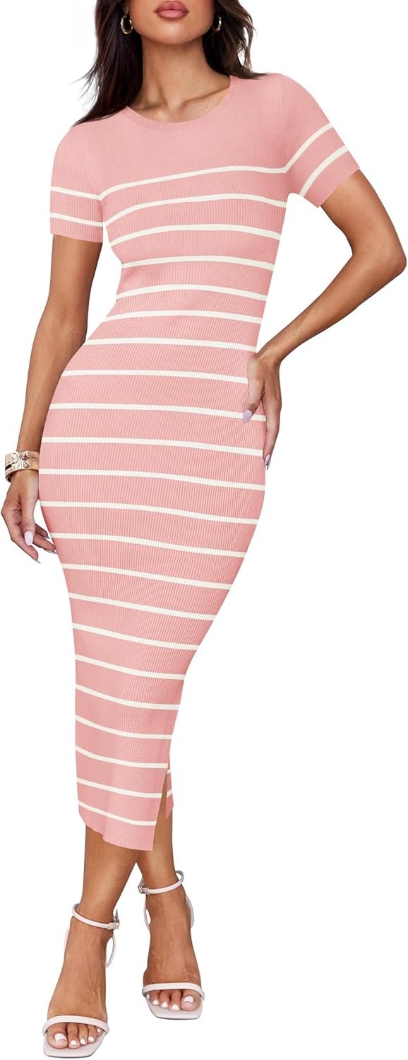 Saonta Women's Summer Bodycon Midi Dress 2024 Striped Short Sleeve Ribbed Knit Slim Fit Side Slit T Shirt Dresses