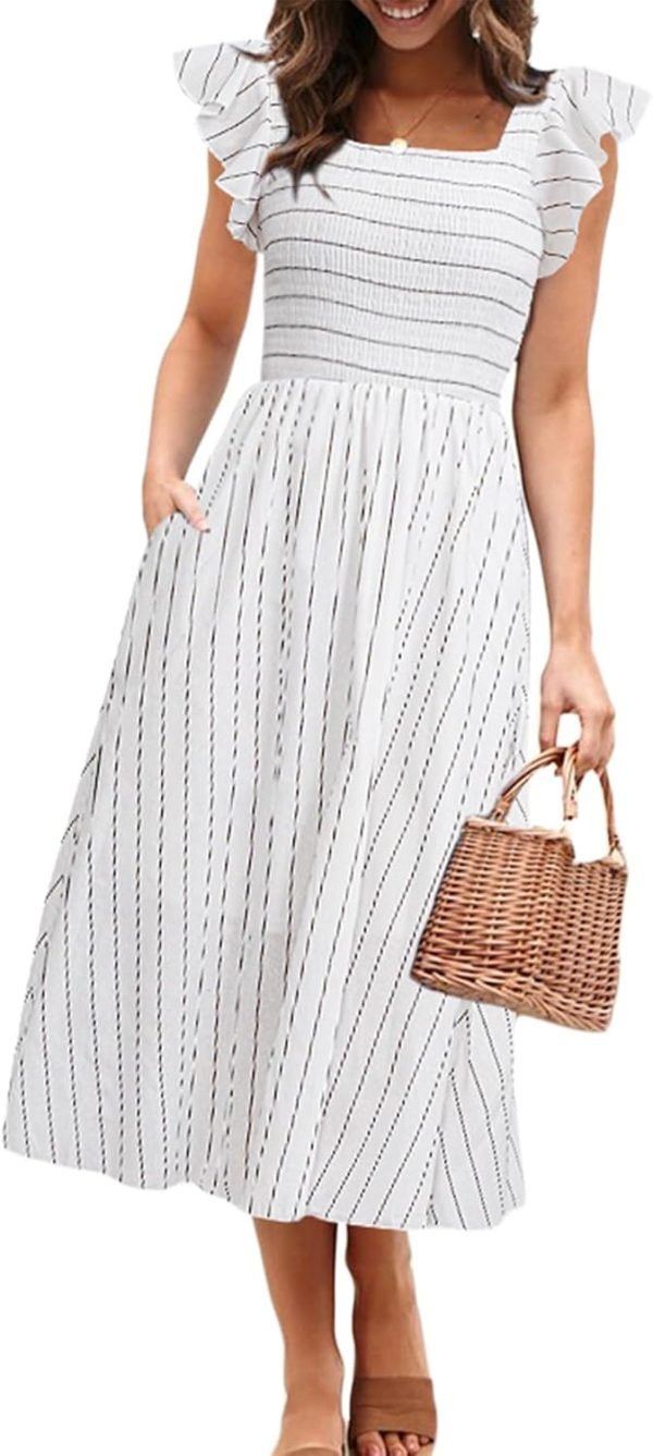Saonta  Women's Striped Linen Midi Dress Elegant Square Neck Ruffle Cap Sleeves Maternity Dress 2024 Summer Beach Dress