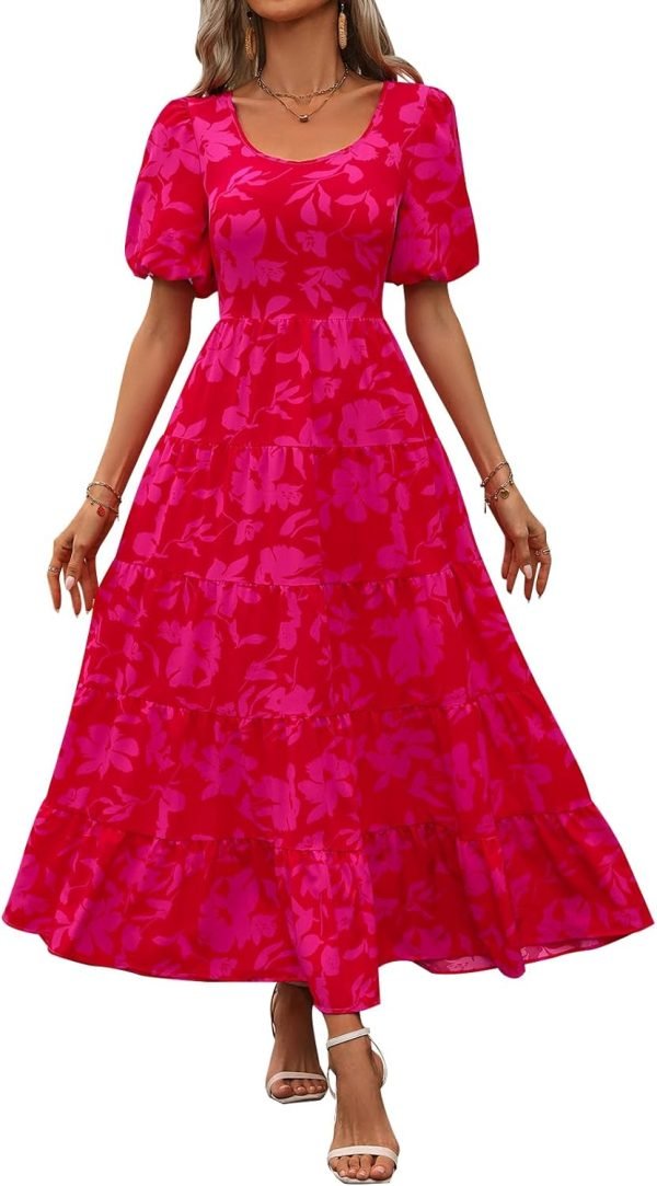 Saonta  Womens Dresses 2024 Puff Sleeve Floral Casual Summer Dresses Smocked Backless Beach Flowy Tiered Maxi Dress