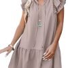 Saonta  Womens Summer V-Neck Drawstring Ruffle Cap Short Sleeve Casual Shift Mini Dress with Pockets