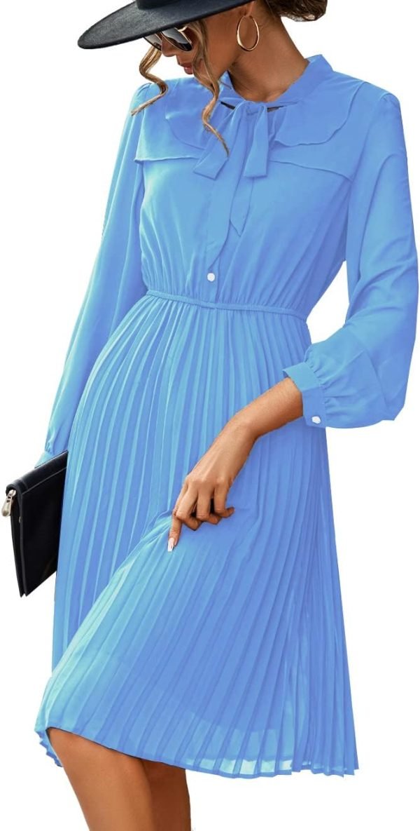 Saonta  Work Dresses for Women 2023 Long Sleeves Chiffon Black Dress Retro Pleated Buttons Down Bow Tie Loose Causal Dresses