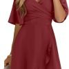 Saonta  Women's Wrap V Neck Short Flared Sleeve Wedding Guest Dress Smocked Elastic Waist Tiered Belted Ruffle Hem Mini Dress
