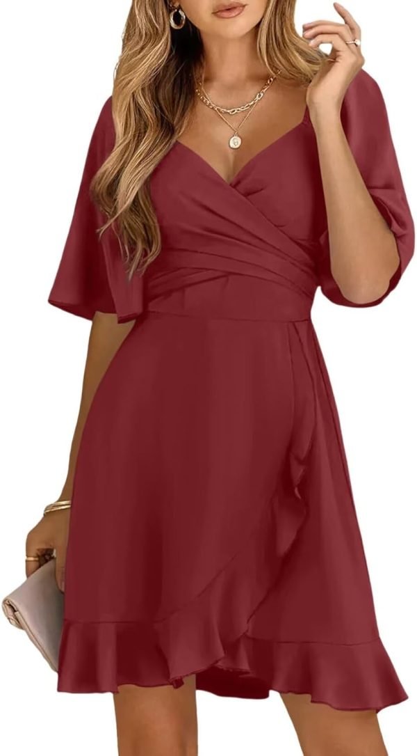 Saonta  Women's Wrap V Neck Short Flared Sleeve Wedding Guest Dress Smocked Elastic Waist Tiered Belted Ruffle Hem Mini Dress