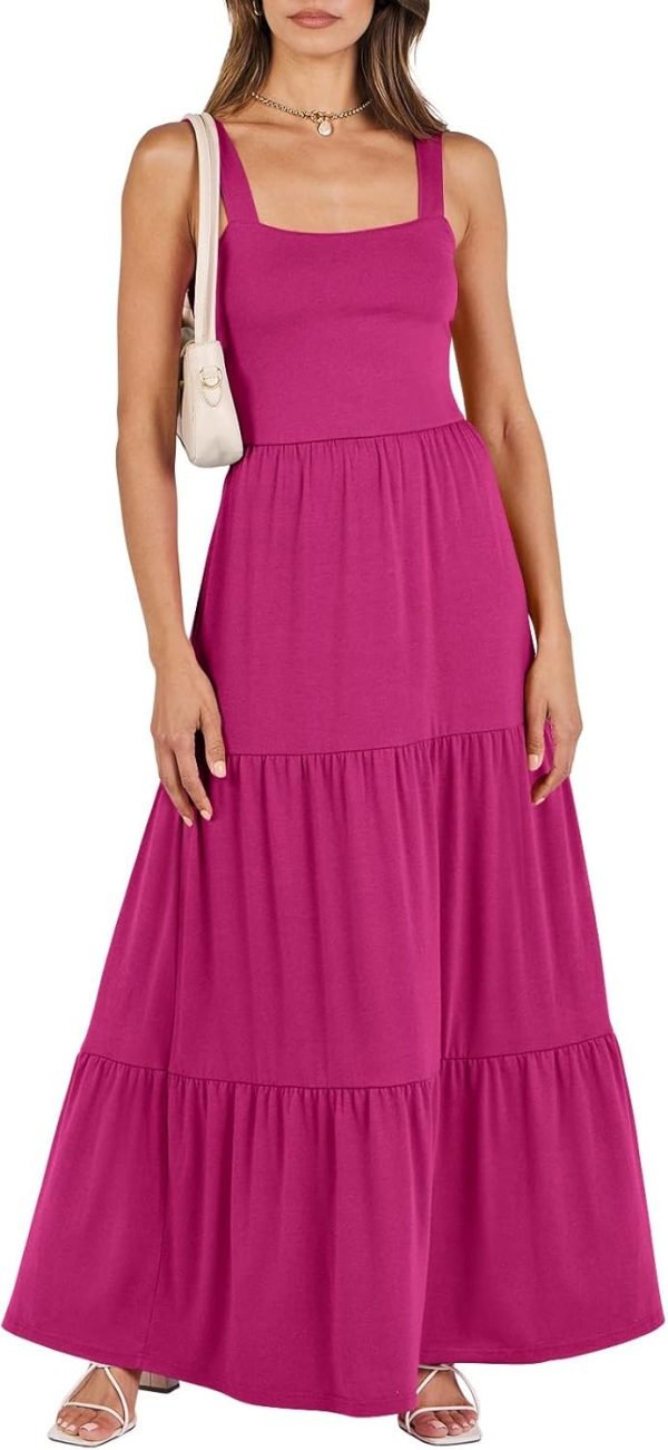 Saonta  Women's Summer Casual Long Maxi Beach Vacation Dresses Sleeveless Square Neck Flowy Tiered Sun Dress with Pockets