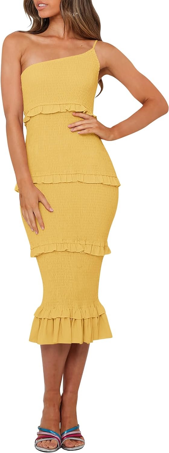 Saonta  Womens Floral Summer One Shoulder Strappy Tiered Ruffle Midi Bodycon Dresses