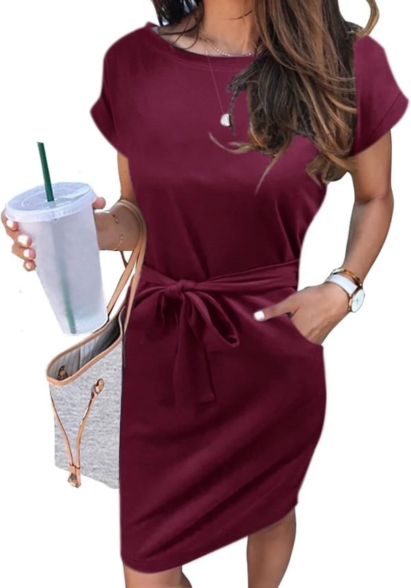 Saonta  Women's Summer Striped Short Sleeve T Shirt Dress Casual Tie Waist with Pockets