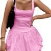 Saonta Women's 2024 Summer Mini Dress Tank Sleeveless Square Neck Solid Color Puffy Beach Short Dresses Sundress