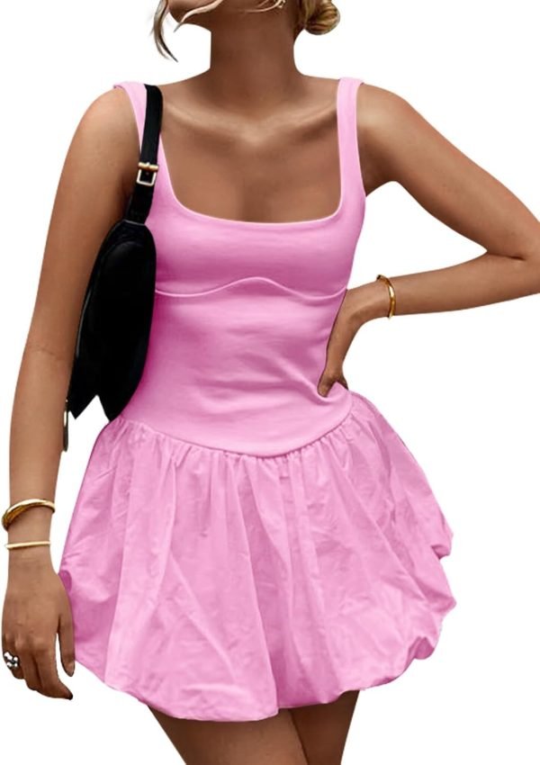 Saonta Women's 2024 Summer Mini Dress Tank Sleeveless Square Neck Solid Color Puffy Beach Short Dresses Sundress