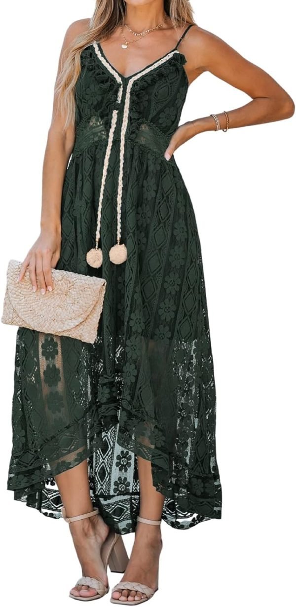 Saonta  Women's Maxi Dress Lace Dresses Boho Tassel V-Neck Flare Ruffle Adjustable Straps Beach Summer Long Dress