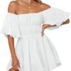 Saonta  Womens Off The Shoulder Summer Dresses 2024 Short Lantern Sleeve Ruffle Elastic Waist A-Line Casual Mini Dress