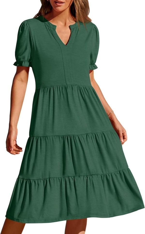 Saonta  Women's 2024 Summer Short Puff Sleeve Midi Dress Casual V Neck High Waist Tiered Swing A Line Dresses
