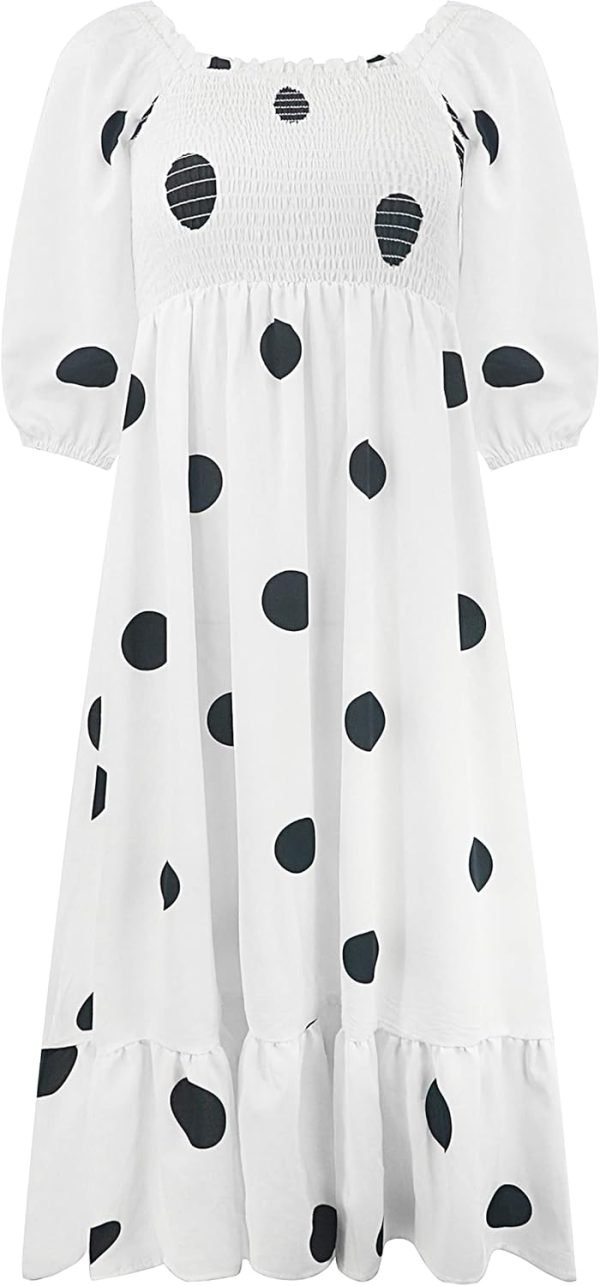 Saonta  Women's Summer Cotton Puff Sleeves Casual Vintage Polka Dots Print Off Shoulder Midi Dress