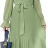 Saonta  Women's Floral Midi Dress Puff Long Sleeve Casual Ruffle Chiffon A-Line Swing Pleated Belted Tea Party Dresses