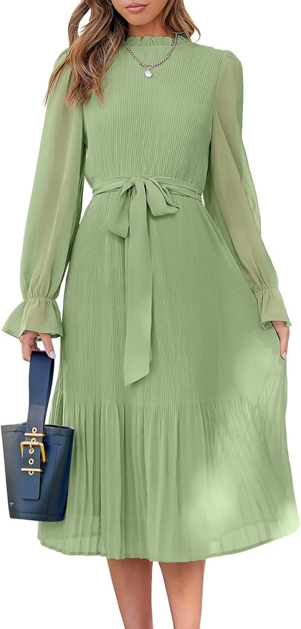 Saonta  Women's Floral Midi Dress Puff Long Sleeve Casual Ruffle Chiffon A-Line Swing Pleated Belted Tea Party Dresses