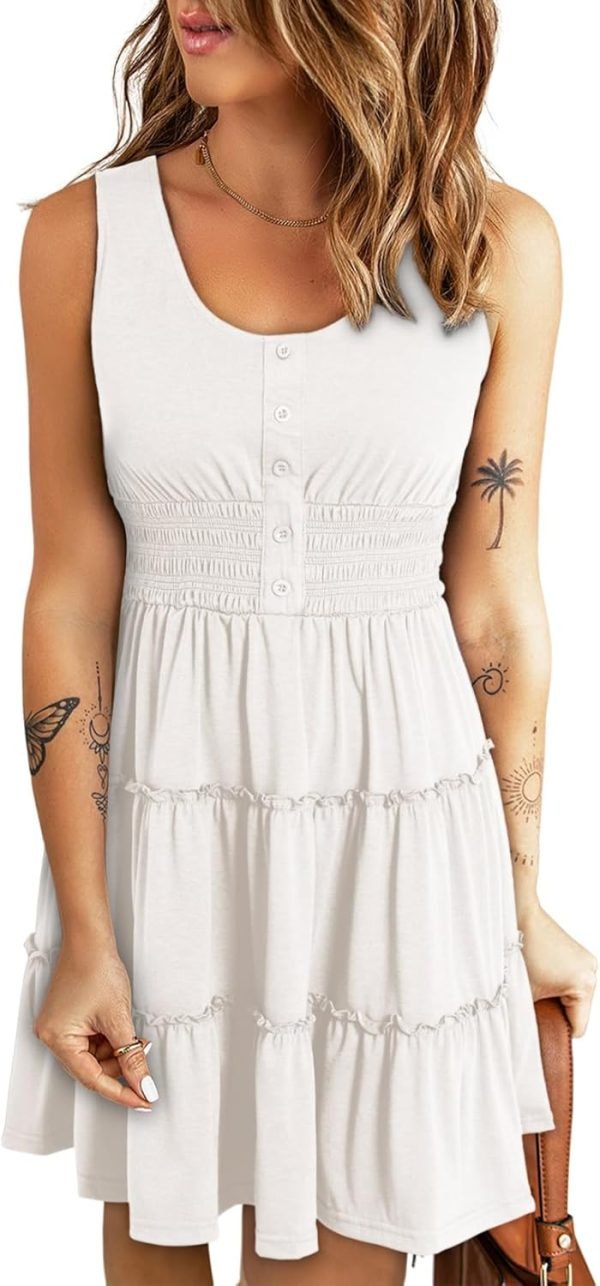 Saonta  Womens Summer Dresses 2024 Sleeveless Button Down Smocked Elastic Waist Ruffle Tiered Casual Swing Mini Dress