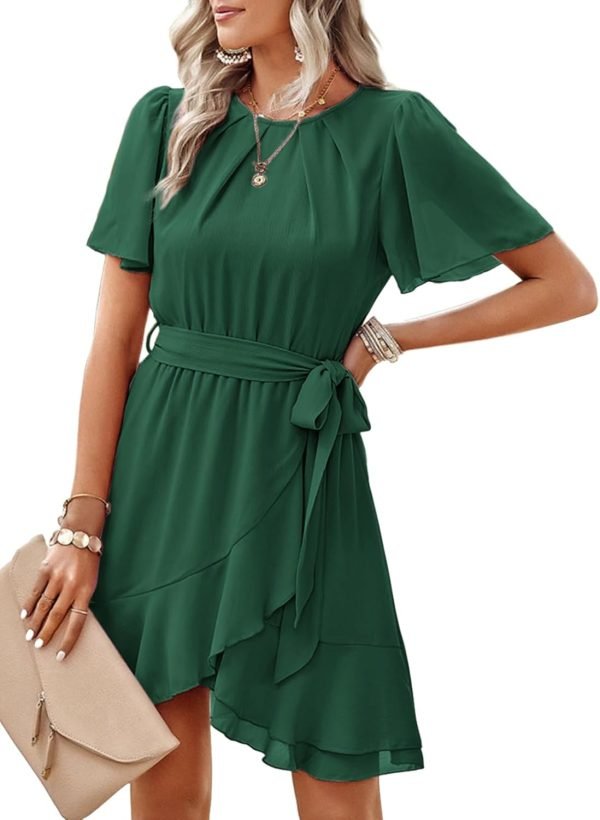 Saonta  Womens Summer Dresses 2024 Crewneck Short Sleeve Waist Tie Ruffle Casual Chiffon A-Line Swing Mini Dress