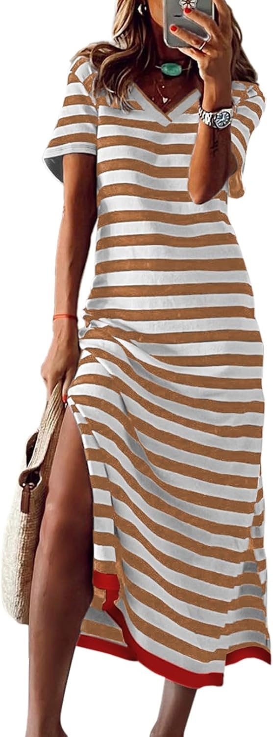 Saonta  Summer Dress Casual Womens Fashion Short Sleeve Maxi Dress T Shirt Dress Striped Long Color Block Maxi Dress