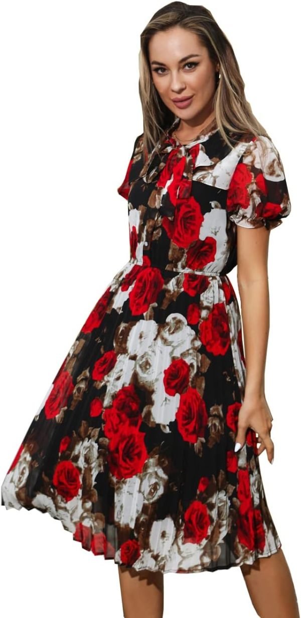 Saonta  Work Dresses for Women 2023 Long Sleeves Chiffon Black Dress Retro Pleated Buttons Down Bow Tie Loose Causal Dresses