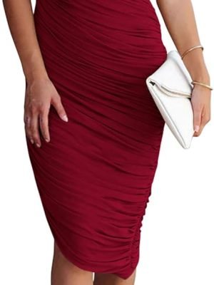 Saonta Women's Ruched Bodycon Dress 2024 Summer One Shoulder Sleeveless Party Cocktail Pencil Dresses