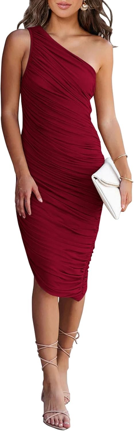Saonta Women's Ruched Bodycon Dress 2024 Summer One Shoulder Sleeveless Party Cocktail Pencil Dresses