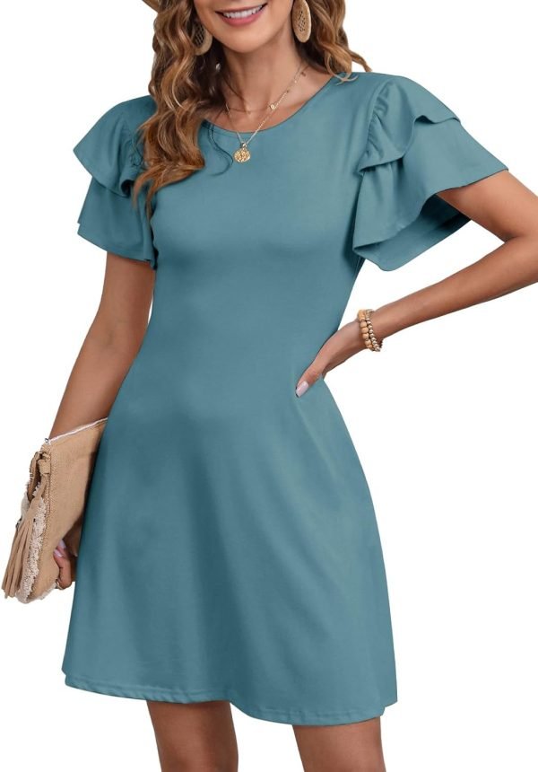 Saonta  Women 2024 Summer Ruffle Edge Sleeve Dresses Floral Casual Beach Mini Dress with Pocket