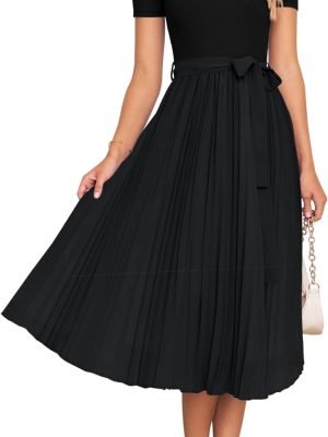 Saonta Womens Summer Short Sleeve Midi Dresses Spring Casual Crew Neck Knit Belted Pleated A Line Flowy Wedding Guest Dress