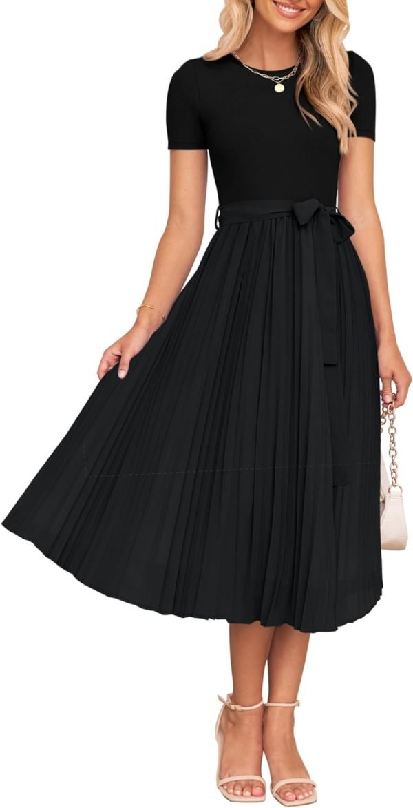 Saonta Womens Summer Short Sleeve Midi Dresses Spring Casual Crew Neck Knit Belted Pleated A Line Flowy Wedding Guest Dress