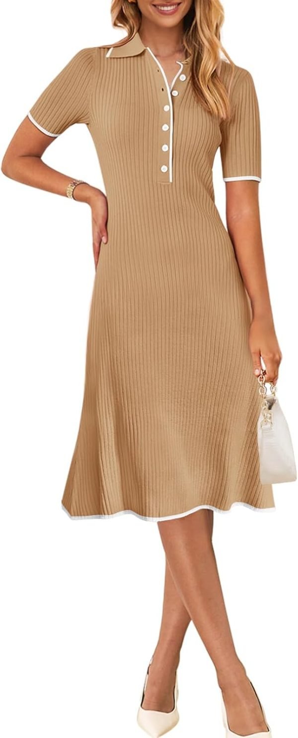Saonta  Women's V Neck Ribbed Knit Midi Dress Short Sleeve Button Elegant Bodycon Sweater Dresses