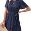 Saonta  Womens Summer Dresses 2024 Crewneck Short Sleeve Waist Tie Ruffle Casual Chiffon A-Line Swing Mini Dress