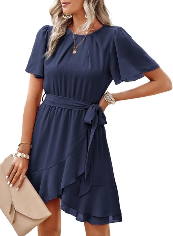 Saonta  Womens Summer Dresses 2024 Crewneck Short Sleeve Waist Tie Ruffle Casual Chiffon A-Line Swing Mini Dress