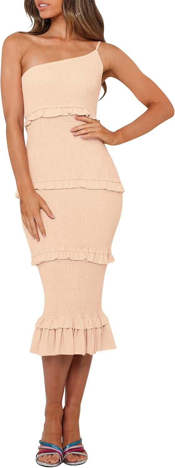 Saonta  Womens Floral Summer One Shoulder Strappy Tiered Ruffle Midi Bodycon Dresses