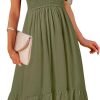 Saonta  Women's Summer Casual V Neck Ruffle Sleeve Smocked High Waist Midi Dress with Pockets