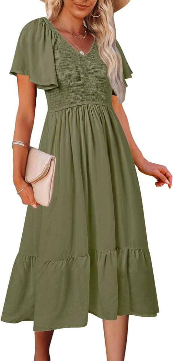 Saonta  Women's Summer Casual V Neck Ruffle Sleeve Smocked High Waist Midi Dress with Pockets