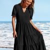 Saonta  Women's 2024 Summer Short Puff Sleeve Midi Dress Casual V Neck High Waist Tiered Swing A Line Dresses