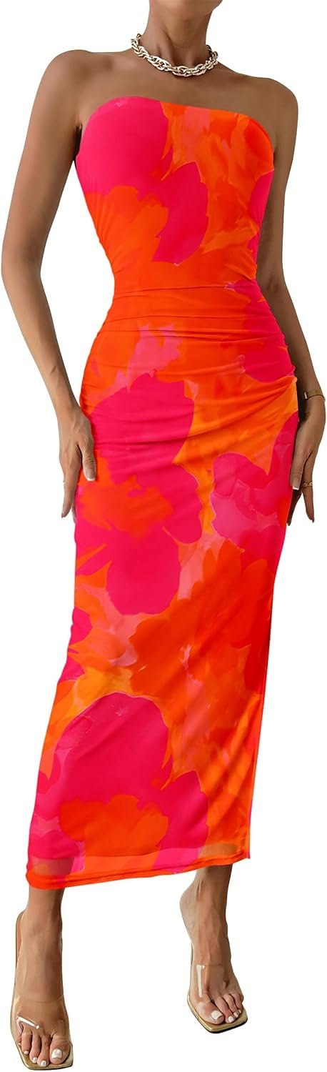 Saonta  Women's Summer Maxi Bodycon Dresses Strapless Tube Top Printed Long Party Club Slit Dress