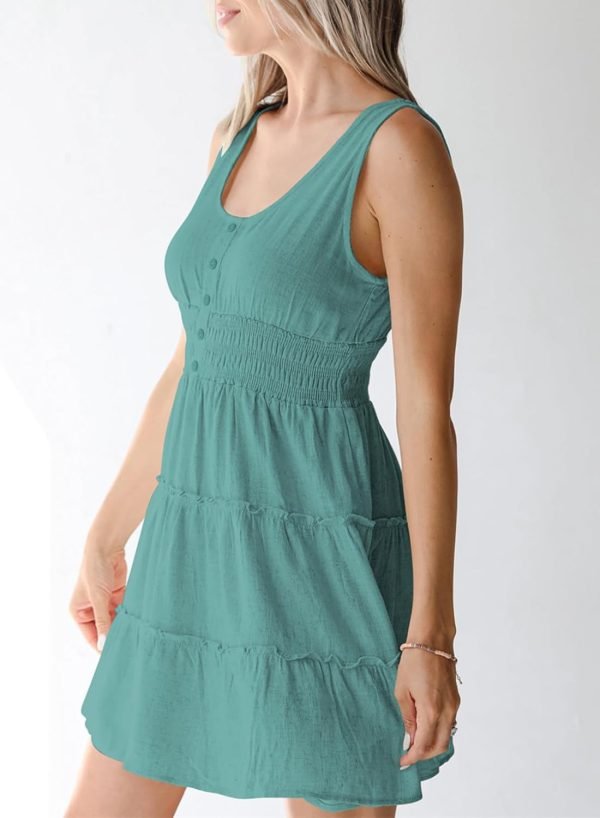 Saonta  Womens Summer Dresses 2024 Sleeveless Button Down Smocked Elastic Waist Ruffle Tiered Casual Swing Mini Dress