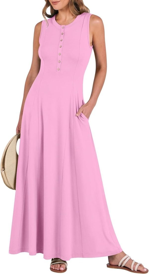 Saonta  Women Summer Casual Sleeveless Maxi Sundress Button Fit & Flare A-Line Flowy Long Dresses 2024 Beach Outfits