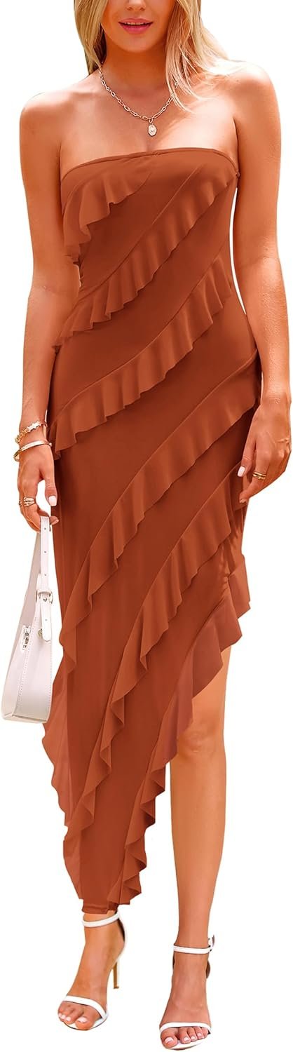 Saonta Womens Strapless Tube Asymmetrical Ruffle Maxi Bodycon Dress