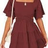 Shy Velvet Women's Summer Dress Square Neck Short Sleeves Crossover Waist Casual Party Mini Dress