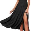 Saonta  Women's Summer One Shoulder Sleeveless Knot Smocked Midi Dress Split Tiered Flowy Dresses