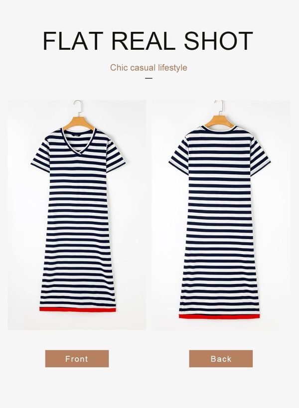 Saonta  Summer Dress Casual Womens Fashion Short Sleeve Maxi Dress T Shirt Dress Striped Long Color Block Maxi Dress